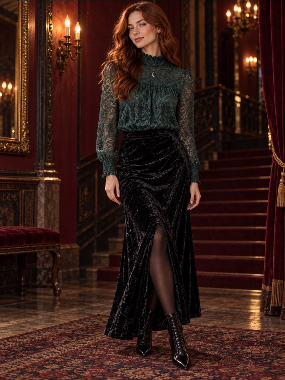 Cable & Gauge Lace Emerald Green Smocked Mock Neck Romantic Sheer Sleeve S